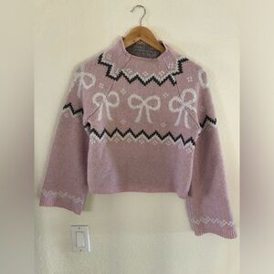 No Boundaries Pink Bow-Print Turtleneck Sweater